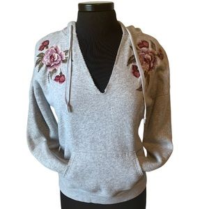 American Eagle Embroidered Flowers Grey Pullover Hooded Sweatshirt